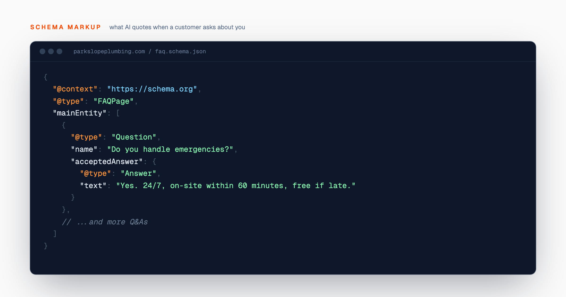 A code editor showing a JSON-LD FAQPage schema markup block. The 